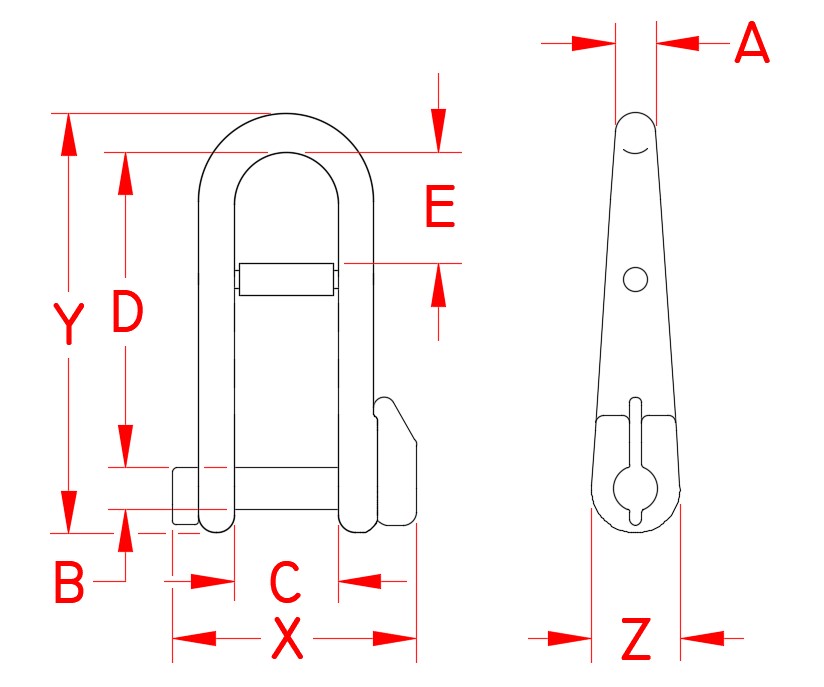 Stainless Steel Halyard Shackle, S0164-0005, S0164-0006, S0164-0008, Line Drawing Stainless Steel Halyard Shackle, S0164-0005, S0164-0006, S0164-0008, Line Drawing